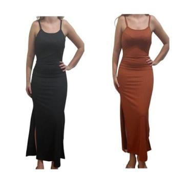 Imagem de Kit c/2 Vestidos Longo Canelado com Fenda - Empório J, Preto, Telha, Ú