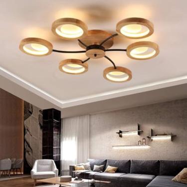 Imagem de Luminária de teto nórdica led de madeira, simples, moderna, grande, lustre para sala de estar, sala de jantar, escritório criativo, quarto com decoração de controle remoto, iluminação de tet