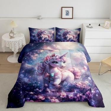 Imagem de Jogo de cama casal com desenho animado de unicórnio, flor, planta, para crianças, meninos, homens, estilo conto de fadas, edredom macio, 2 fronhas
