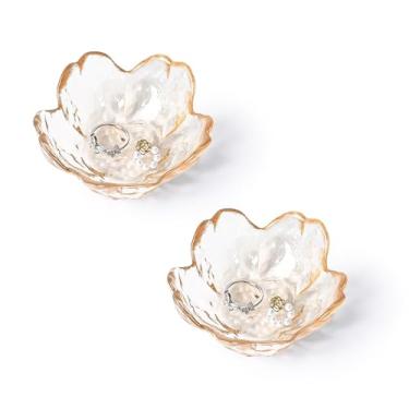 Imagem de Koythin Bandeja de joias de vidro de 2 peças, mini anel para colar, brinco, pulseira, bandeja de bugiganga fofa para noivado, banheiro, tigela floral de cristal para mulheres, meninas e mães (âmbar)