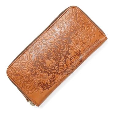 Imagem de Carteira longa masculina Red Glow RG-008, feita no Japão, couro Tochigi, couro legítimo, zíper redondo, estampa de tigre, Caramel, Carteira longa