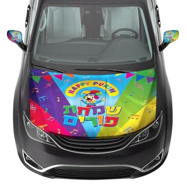 Imagem de Capa de capô de carro Purim e 2 capas de espelho retrovisor lateral - Capas de capô e espelho Purim para caminhões, carros, SUV ou mini van - Acessórios de carro Happy Purim - Material de poliéster