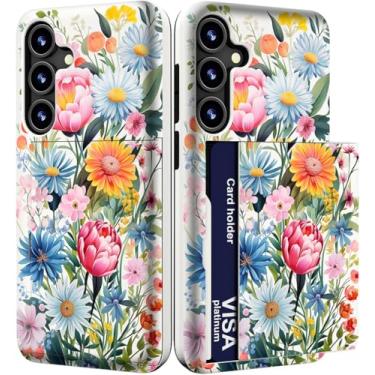 Imagem de IWONE Capa compatível com Samsung Galaxy S23 FE fofa com porta-cartão / S23FE capa de telefone carteira fina à prova de choque / flores azuis rosa selvagem paisley peônia floral adorável