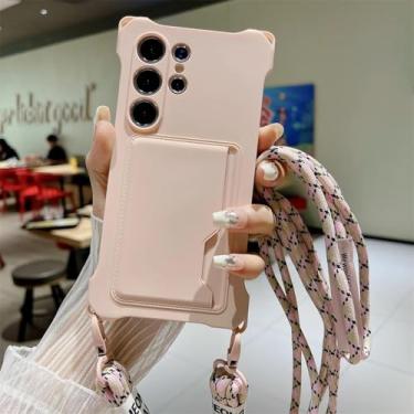 Imagem de HPQWN Para Samsung A54 5G Luxury Crossbody Lanyard Strap Silicone Card Holder Case Wallet Cover (Para Samsung A54 5G/Rosa)