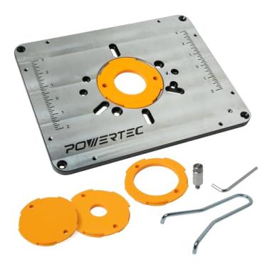 Imagem de POWERTEC Placa de inserção de mesa de alumínio com anéis redutores, parafusos de nivelamento e pino de partida – Compatível com Bosch, DeWalt, Makita e outras marcas para marcenaria com mesas de