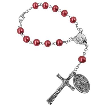 Imagem de TALISMAN4U Rosário com medalha de anjo da guarda de São Miguel para espelho retrovisor de carro, contas de vidro, Nossa Senhora de Fátima, católica, uma década, rosário automático para mulheres