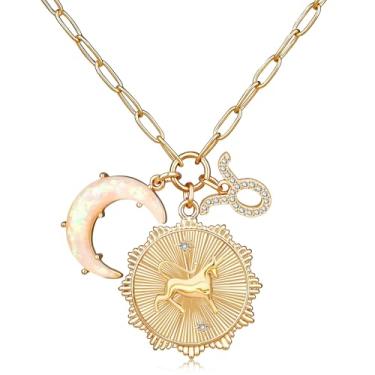 Imagem de MISS RIGHT Colar de moedas de signo do zodíaco de ouro com pingente de lua crescente de opala para mulheres meninas da moda, corrente delicada de clipe de papel de ouro 12 colares de horóscopo de constelação colares de astrologia joias presentes, 18.11 inches, Gema, Zircônia cúbica