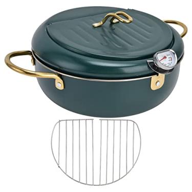 Imagem de Frigideira de aço inoxidável, frigideira Tempura, mini fritadeira com termômetro, frigideira de aço inoxidável 304, mini fritadeira com temperatura controlável com termômetro para cozinha (24 cm-verde