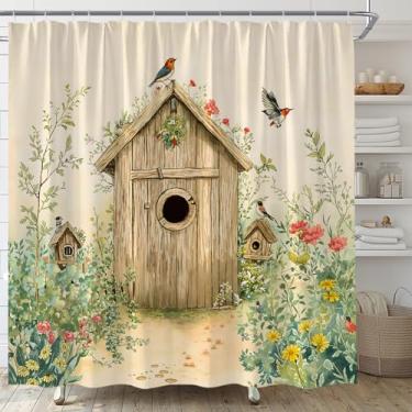 Imagem de AMFD Primitive Outhouse Cortina de Chuveiro Vintage Country Rústica Casa de Fazenda Pássaro Floral Cortinas de Banheiro Decoração Conjunto de Tecido Inclui Ganchos (177.8 cm WX70 H)