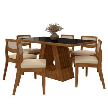 Imagem de Mesa Santiago Com 6 Cadeiras Sextavada Frei/preto/corino Bege - M.a Freijó/preto/corino Bege