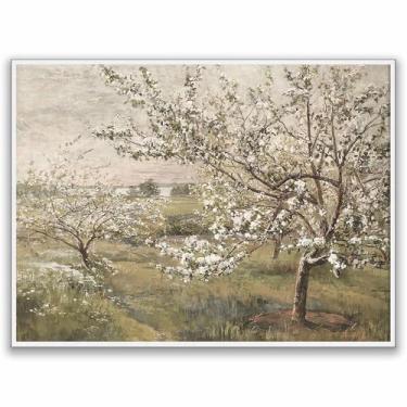 Imagem de Pintura de árvore florescendo na primavera, pôsteres vintage europeu, cores silenciosas, impressão em tela, arte de parede, cheia de vitalidade, Páscoa, primavera, decoração de parede, 28 x 35 cm, sem