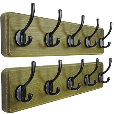 Imagem de Dseap Cabideiro de parede: Patenteado, resistente, 5 ganchos duplos de madeira montado na parede cabide gancho trilho para casacos de inverno chapéu jaqueta roupas, verde envelhecido, pacote com 2