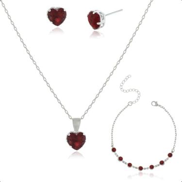 Imagem de Kit Semijoia Banhado Prata 925 com Pulseira, Colar e Brinco Coração Vermelho