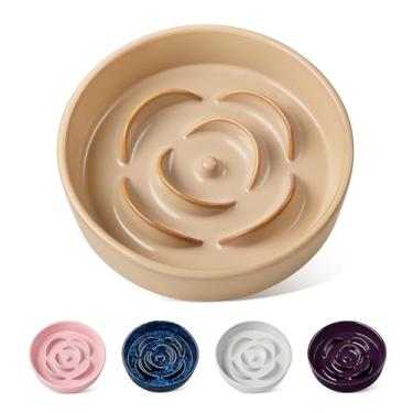 Imagem de vancasso Tigela de alimentação lenta para cães, 0,6 xícaras, prato de comida para cães de cerâmica para comedores rápidos, raças pequenas, tigela de quebra-cabeça para cães e gatos pequenos, marrom