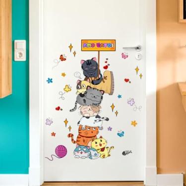 Imagem de Adesivo de Porta Infantil Gatos Lavável Seguro Fácil Aplicação Quarto Criativo Bebê Menino Menina