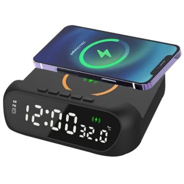 Imagem de Despertador com carregamento sem fio 3 em 1 de 15 W, estação de carregamento, visor digital LED, despertador com exibição de temperatura para quarto, mesa de escritório, despertador com carregamento