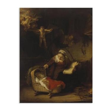 Imagem de Rembrandt - A Sagrada Família com Anjos, Pintura a Óleo em Tela Famosa de Arte de Pintura de Parede Decoração de Casa 50 x 40 cm (20 x 16 pol) Sem Moldura