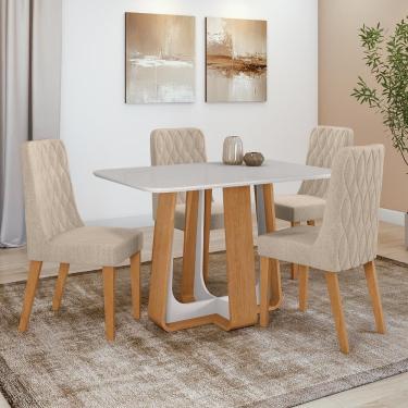 Imagem de Conjunto Sala de Jantar Mesa Easy Pop 120x80cm Tampo Vidro/MDF com 4 Cadeiras Seat Linho Rinzai Bege Amendoa Clean/off White