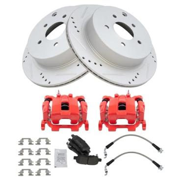 Imagem de TRQ Kit de pastilhas de freio e rotor de desempenho traseiro semimetálico premium revestido com G compatível com Nissan Murano 2013 INFINITI JX35 2014-2018 QX60 2009-2018 Nissan Murano 2013-2020