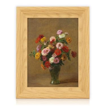 Imagem de Brivoria Arte de parede em tela emoldurada decoração floral vintage 20 x 25 cm Zinnias impressão botânica com moldura de madeira de carvalho para cozinha prateleira de banheiro galeria ou exibição de