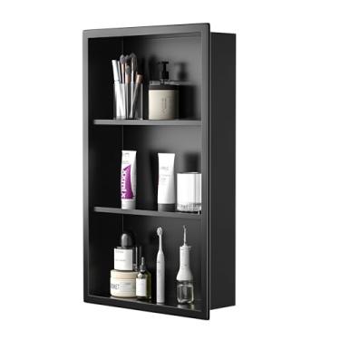 Imagem de Bernkot Armário de parede de banheiro 61 x 35 cm preto fosco sobre o vaso sanitário armário de remédios sem porta nicho de parede inoxidável com prateleira de 3 camadas para banheiro, sala de estar