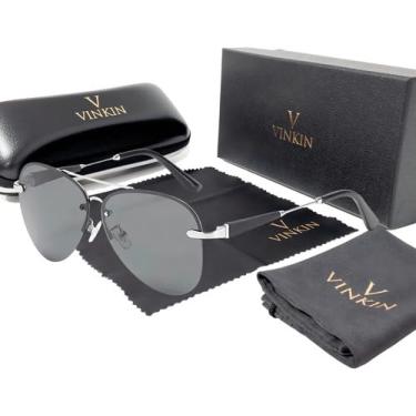 Imagem de Vinkin Óculos de Sol Aviador, Polarizado UV400, Armação Metálica, 14,8 cm x 5,3 cm, Com Estojo (Prateado)
