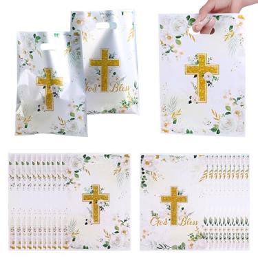 Imagem de Ysqool 20 bolsas de lembrancinhas de festa de primeira comunhão, à prova d'água, para batismo, com alças, cruz cristã, religiosa, floral, God Bless, sacolas de plástico para presente de doces para