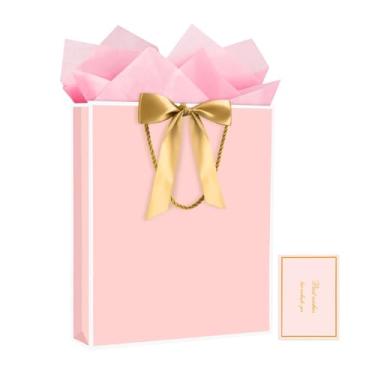 Imagem de JMANNI Saco de presente, 1 bolsa de presente grande com fita e 1 cartão de felicitações, 2 lenços de papel, bolsa de presente de papel portátil com alças, sacolas de presente de aniversário, sacolas