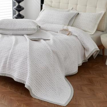 Imagem de vctops Conjunto de colcha de cama acolchoada de algodão com 2 fronhas, tamanho Queen, listrado, bordado, fazenda, rústico, macio, leve (branco, Queen)