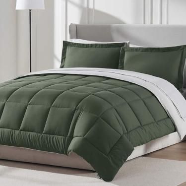 Imagem de Nestl Conjunto de edredom de 9 peças California King – Cama reversível verde-oliva em uma bolsa – Conjunto completo de cama king size com lençóis, travesseiros alternativos, fronhas e fronhas