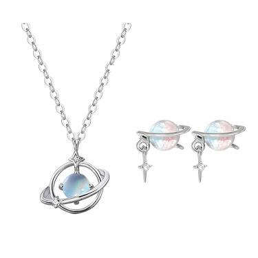 Imagem de MALOYANVE Conjunto de joias Galaxy Planet, colar de corrente de prata e brincos de gota com pingente de cristal azul, joia com tema espacial, Medium, Metal, Sem Pedra Preciosa