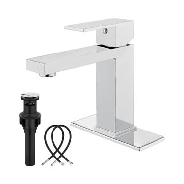 Imagem de Midanya Torneira de banheiro de furo único cromado polido, torneiras de lavatório para pia 1 furo, torneira misturadora de lavatório de montagem em deck SUS304 de aço inoxidável, torneira de vaidade de alça única com ralo pop-up