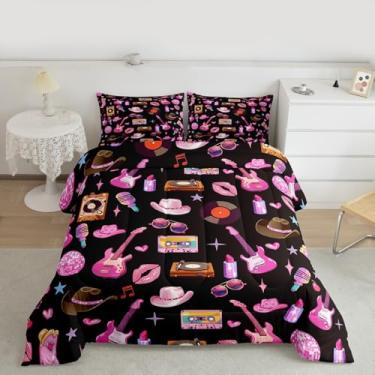 Imagem de jejeloiu Jogo de cama solteiro com estampa de guitarra rosa, gato, vaqueira ocidental, moderno, feminino, preto, rosa, para decoração de quarto, leve, com 1 edredom e 1 fronha
