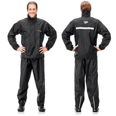 Imagem de Conjunto Roupa Capa De Chuva Moto Motoqueiro Motociclista Pantaneiro Nylon Com Gola Preto Proteção Melhor Preço Tam G