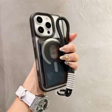Imagem de Capa magnética transparente fosca com porta-cartões para iPhone 16, 15, 14, 13, 12, 11, 16 Pro Max Plus, alça de pulso, capa e cordão, preta, para iPhone 12
