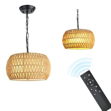 Imagem de Luminária pendente moderna de vime, lustre de tecido boho com controle remoto, vários modos de iluminação, corrente preta