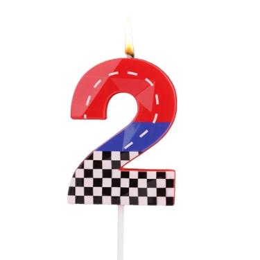 Imagem de SAVITA Velas Aniversário com Tema Corrida, Decoração de Bolo com Tema Jogo de Corrida em Preto e Branco Xadrez Vermelho e Azul Adequado para Meninose Meninas (Número 2)