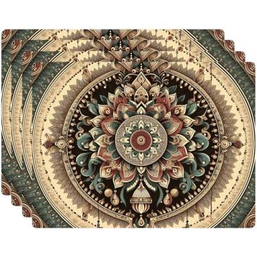 Imagem de Conjunto de 4 jogo americano com suporte de cortiça, decoração de cozinha e mesa de jantar jogo americano rígido 30,5 x 40,6 cm (Mandala)