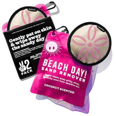 Imagem de Pilotfish Bolsa removedor de areia Beach Essentials, fórmula suave para a pele com 7 ingredientes naturais + óleo de coco, acessórios de praia para remoção de areia sem talco, itens essenciais