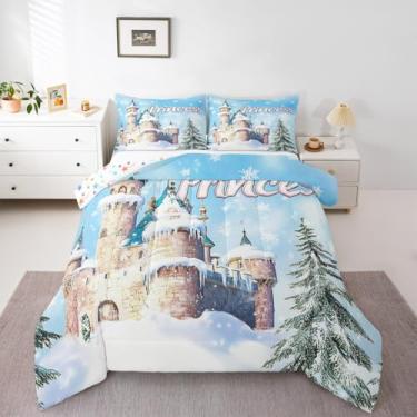 Imagem de Feelyou Conjunto de cama de castelo de inverno azul macio para meninos e meninas, solteiro, com floco de neve congelada, edredom de microfibra, castelo azul, decoração de quarto, 2 peças com 1 fronha