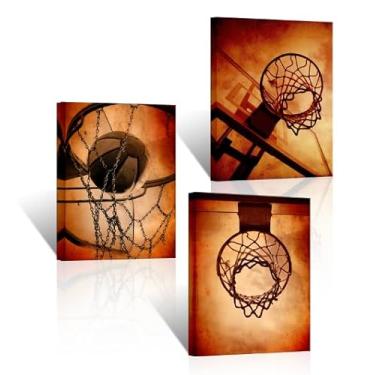 Imagem de iLOOKLiKE 3 peças de arte de parede em tela de basquete imagem temática esportiva vintage pôster impresso em cesta de basquete emoldurado para quarto de meninos adolescentes pronto para pendurar 30 x
