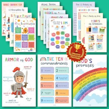 Imagem de Excool Club Decorações de escola dominical para sala de aula - 16 pôsteres do livro da Bíblia para crianças, arte de parede de fruto do espírito, materiais de estudo da Bíblia para decoração de sala