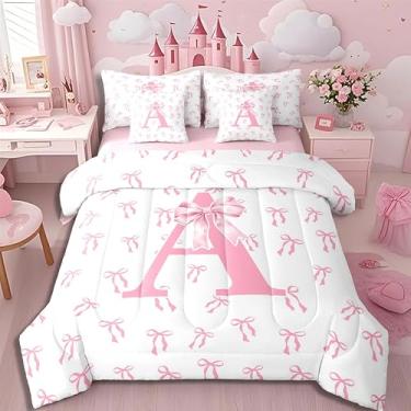 Imagem de Erosebridal Jogo de cama Queen com estampa de letra A, 7 peças, lindo, monograma, laço rosa, princesa, para crianças, meninas, moderno, simples, rosa e branco, conjunto de lençol com edredom