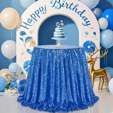 Imagem de B-COOL Toalha de mesa redonda de lantejoulas – toalha de mesa azul royal de 228 cm para decoração de mesa de festa de casamento, banquete, jantar, aniversário