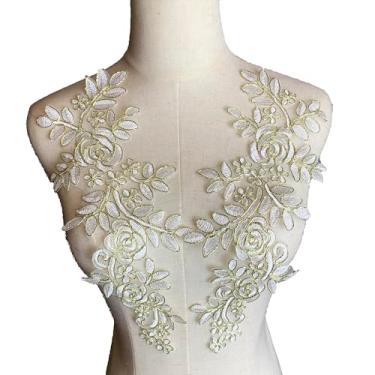 Imagem de Worlds 1 par de apliques de tecido de renda com borda branca e dourada bordado aplique de renda floral para vestido de casamento decoração 35 x 14,5 cm