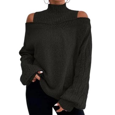 Imagem de Suéter ZOCANIA, gola alta, ombro frio, manga lanterna, mulher