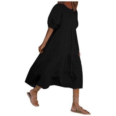 Imagem de Moda Feminina Solta Cor Sólida O-neck Puff Sleeve Vestido Casual de Ma