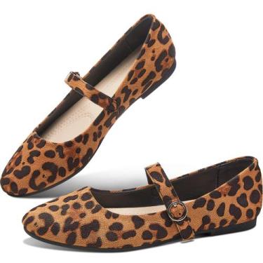Imagem de Sapatos rasos Obtaom Mary Jane Ballet Flats para mulheres Leopard