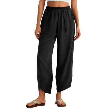 Imagem de Calças largas Feiersi, folgada, elástica, cintura, preta de verão