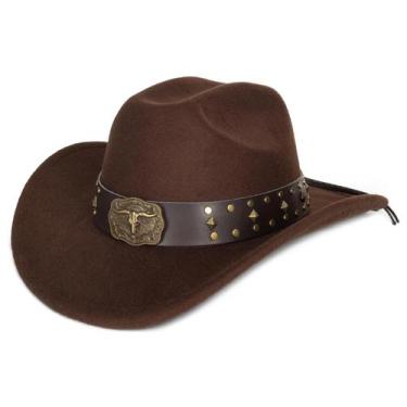 Imagem de Chapéu de cowboy Eohak cravejado de aba larga para mulheres, marrom